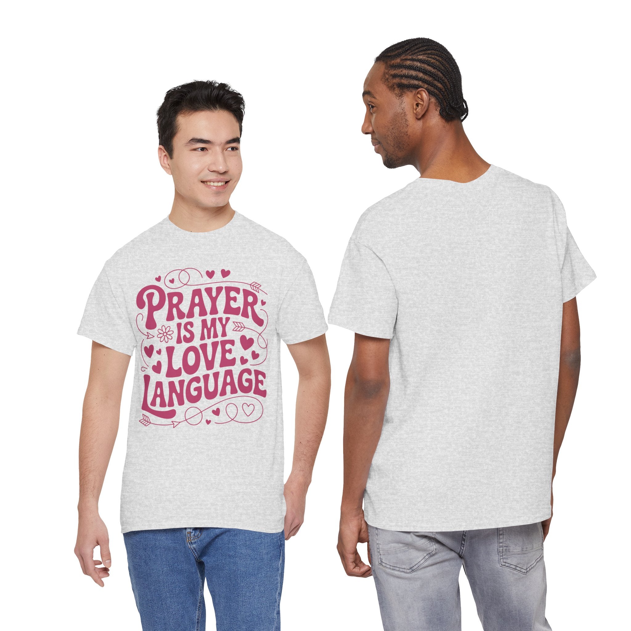 Prayer Is My Love Language Christian Tee — Pastel Pink Hearts Unisex Cotton Tee