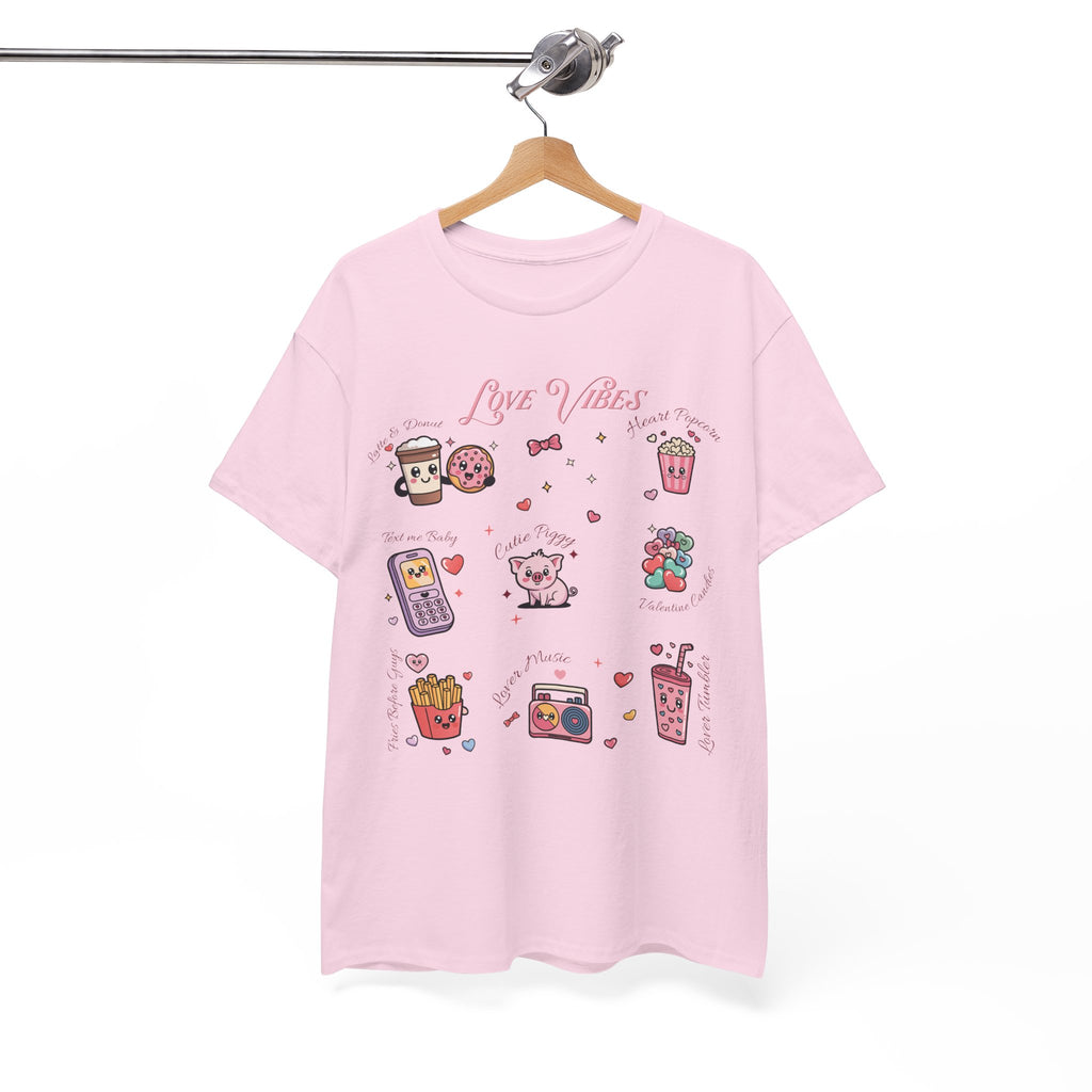 Love Vibes Kawaii Valentine T-Shirt — Cute Donut, Coffee & Piglet Design Unisex Cotton Tee