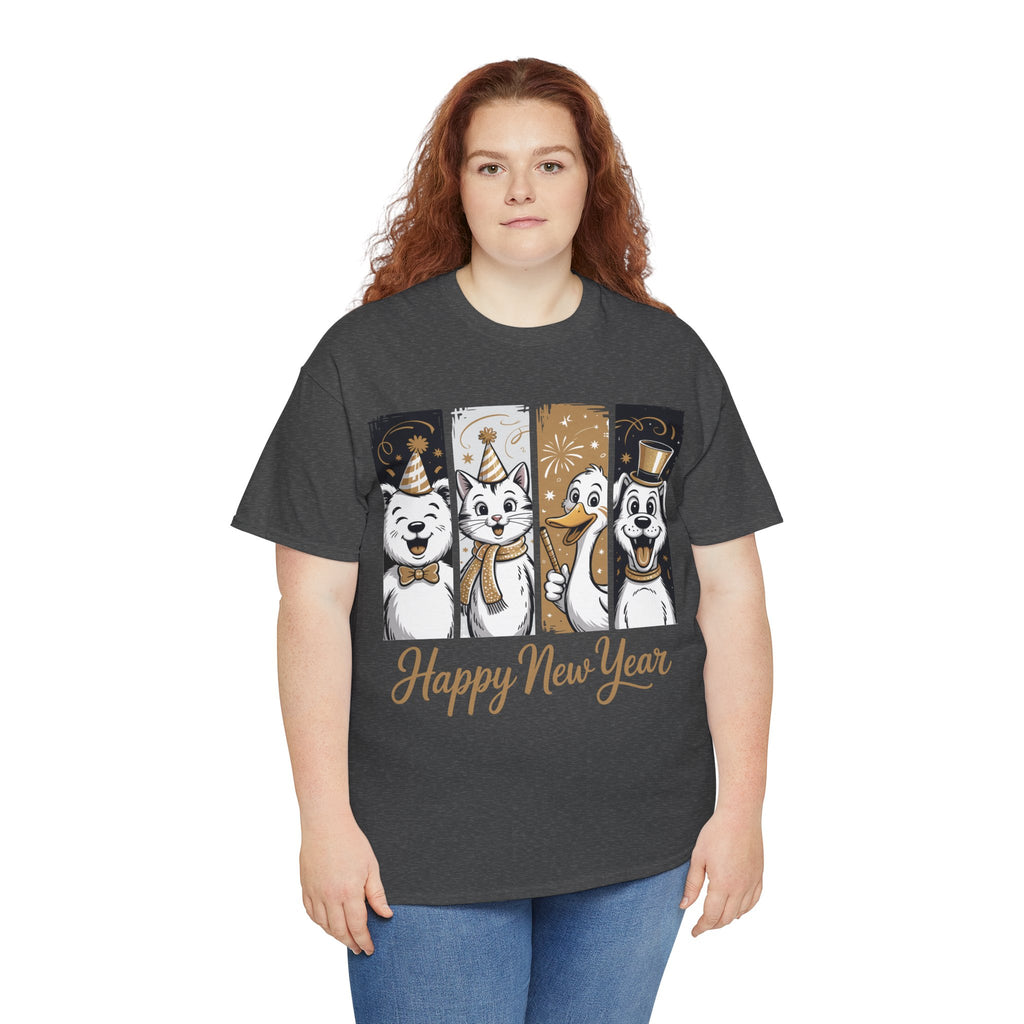 Happy New Year Party Animals T-Shirt — Cute Smiling Animals in Party Hats & Gold Fireworks..Unisex Cotton Tee