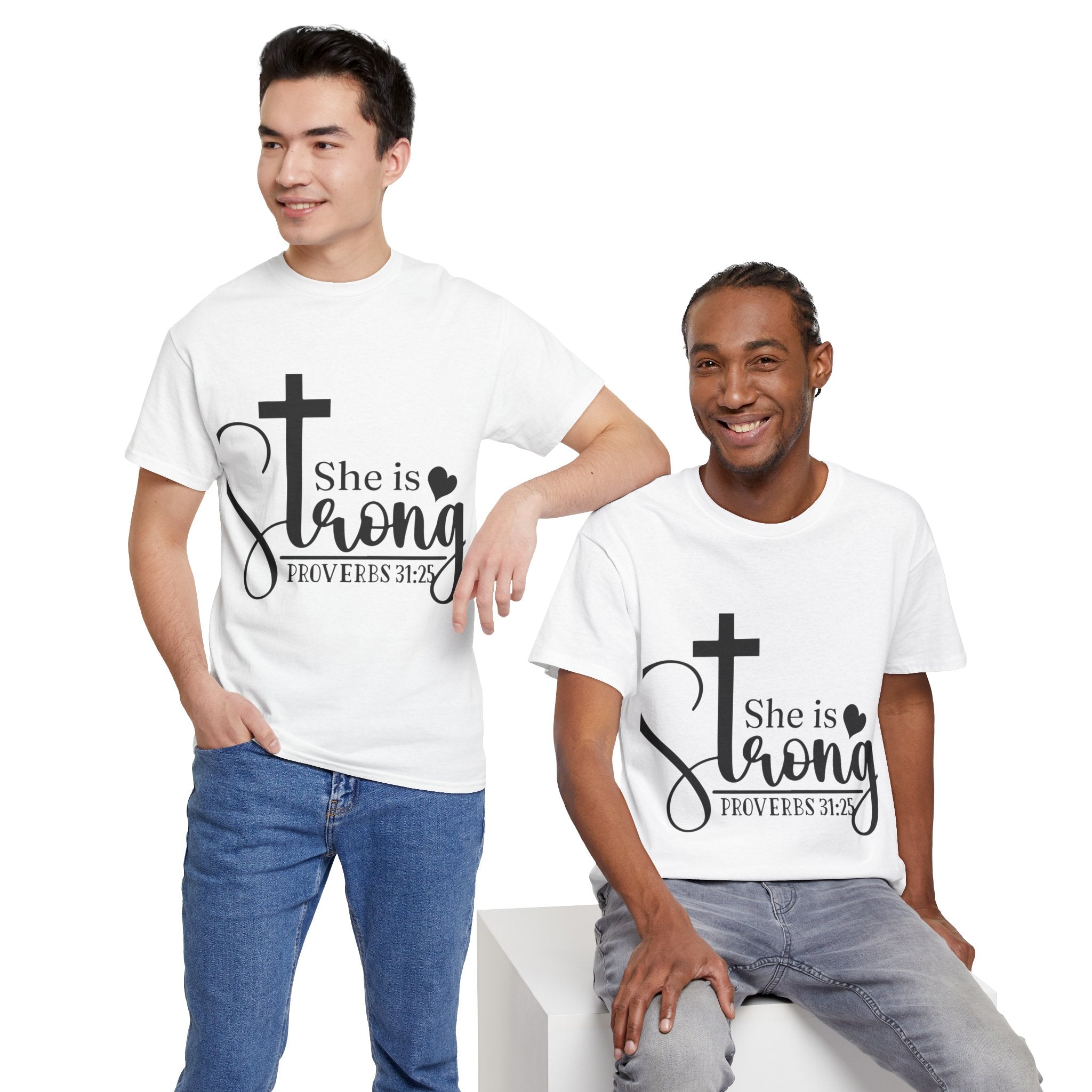Proverbs 31:25 'She is Strong' T-Shirt – Christian Cross & Heart Unisex Cotton Tee