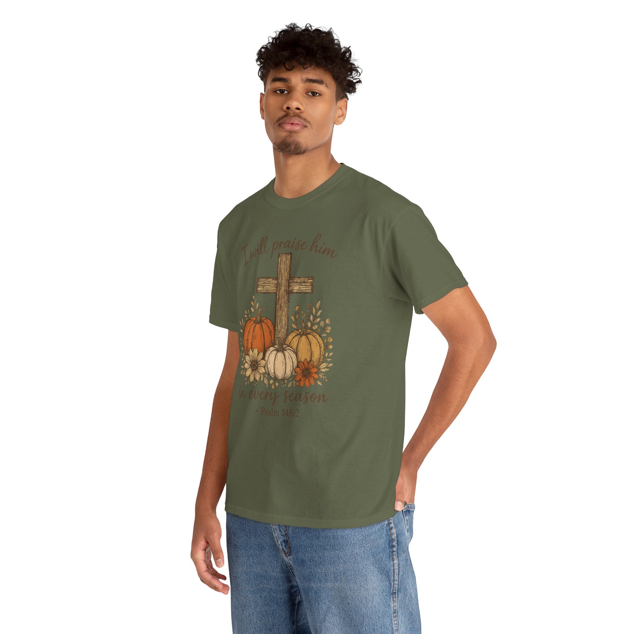 Psalm 146:2 Pumpkin Cross T-Shirt — I Will Praise Him in Every Season. Unisex Cotton Tee