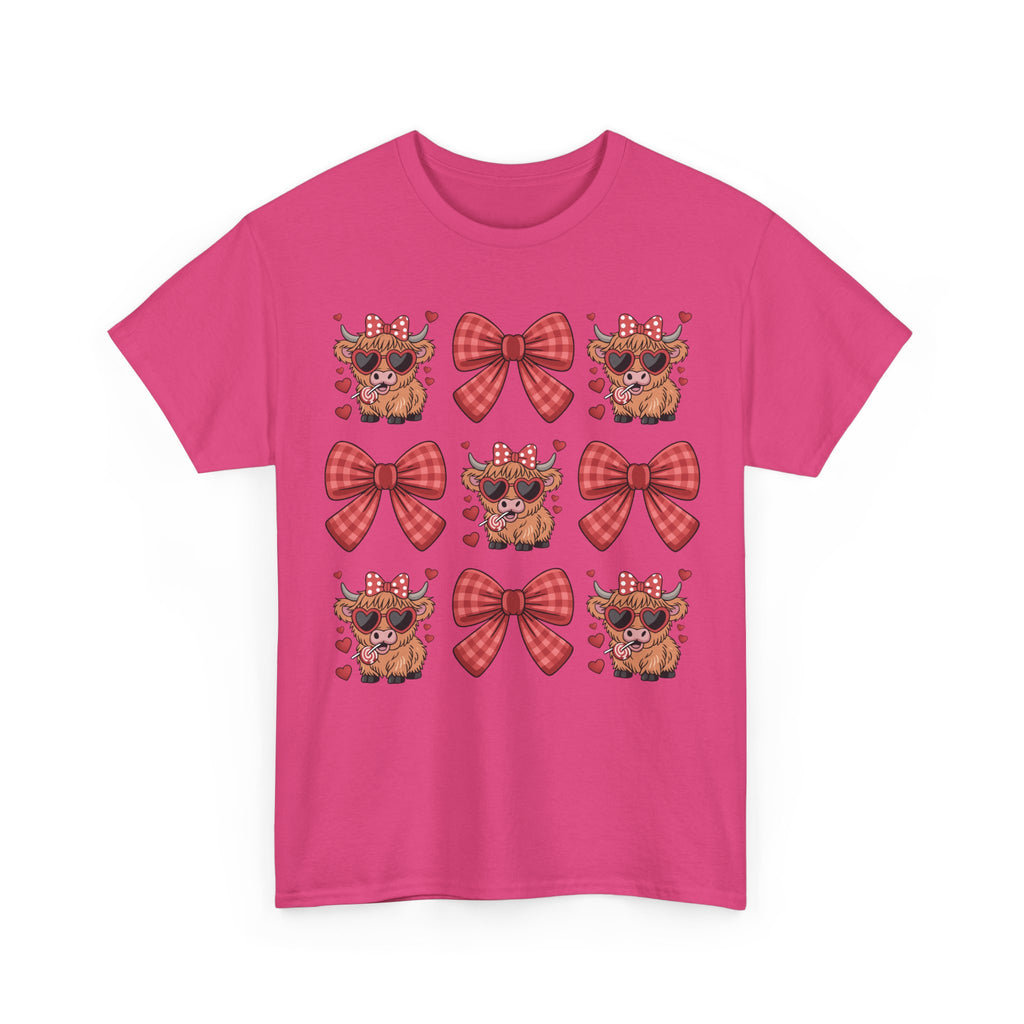 Valentine Cow Checkered Tee — Fluffy Cows with Heart Sunglasses & Red Bows..Unisex Cotton Tee