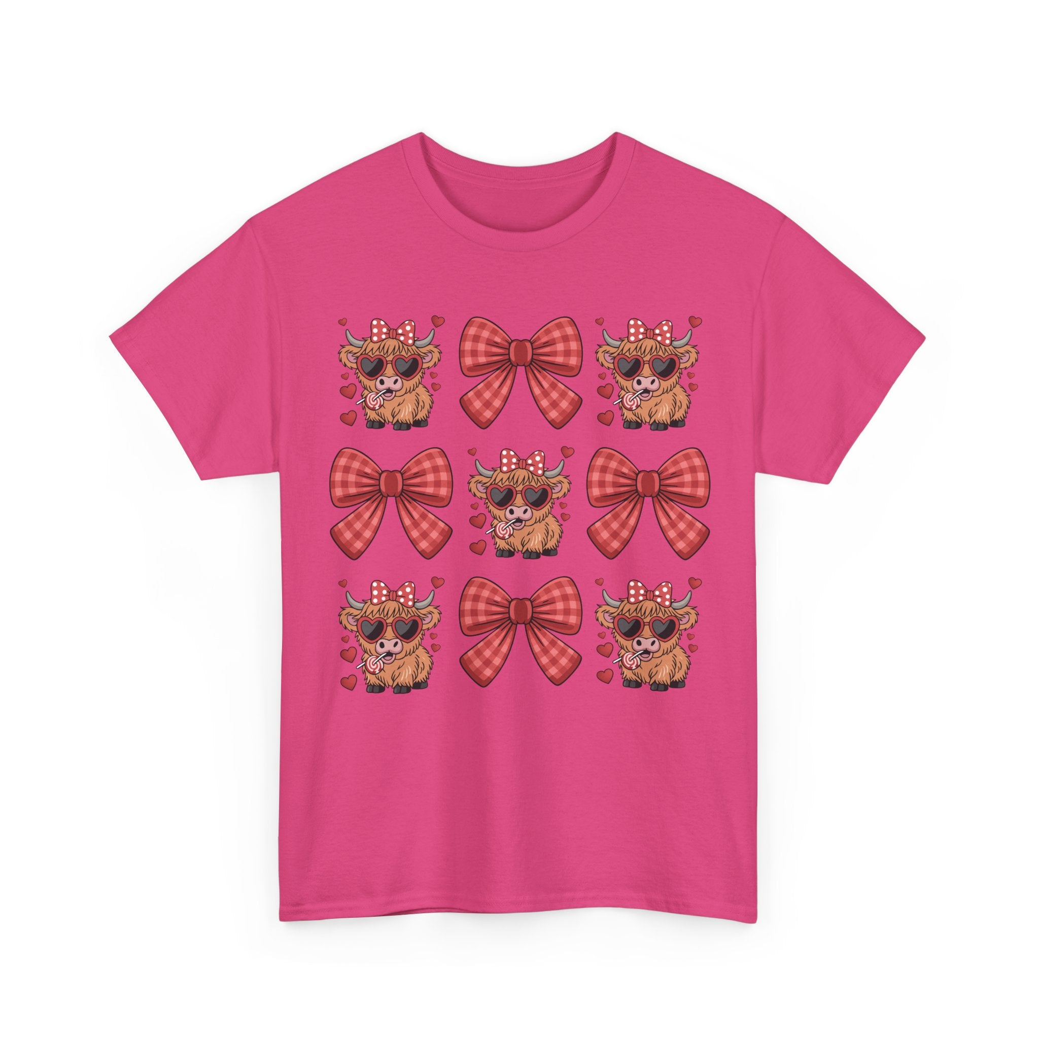 Valentine Cow Checkered Tee — Fluffy Cows with Heart Sunglasses & Red Bows..Unisex Cotton Tee