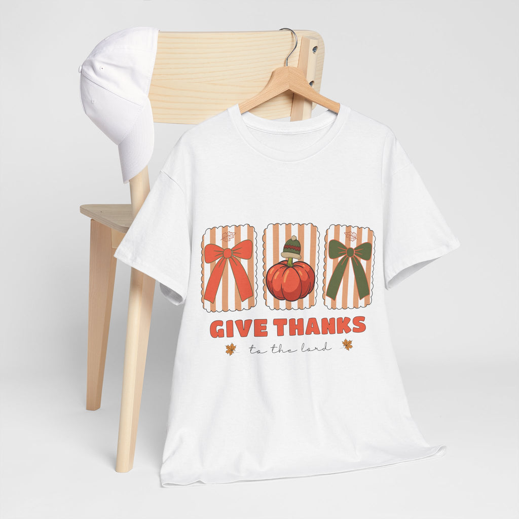 Give Thanks Thanksgiving T-Shirt — Pumpkin with Hat & Bows Unisex Cotton Tee