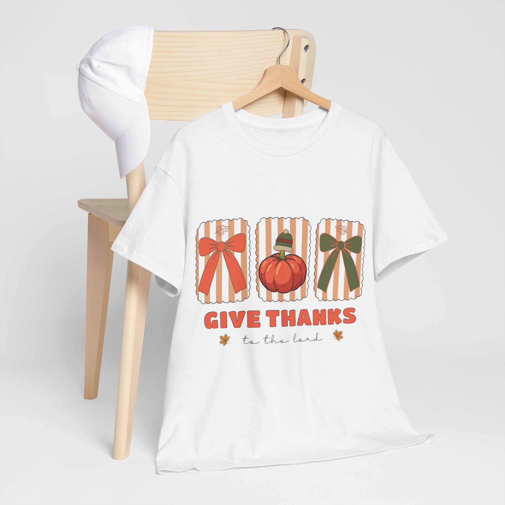 Give Thanks Thanksgiving T-Shirt — Pumpkin with Hat & Bows Unisex Cotton Tee