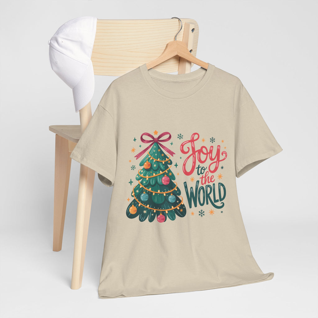 Joy to the World Christmas Tee — Festive Tree with Pink Bow..Unisex Cotton Tee