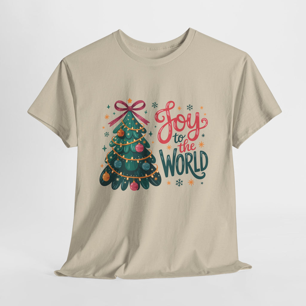 Joy to the World Christmas Tee — Festive Tree with Pink Bow..Unisex Cotton Tee