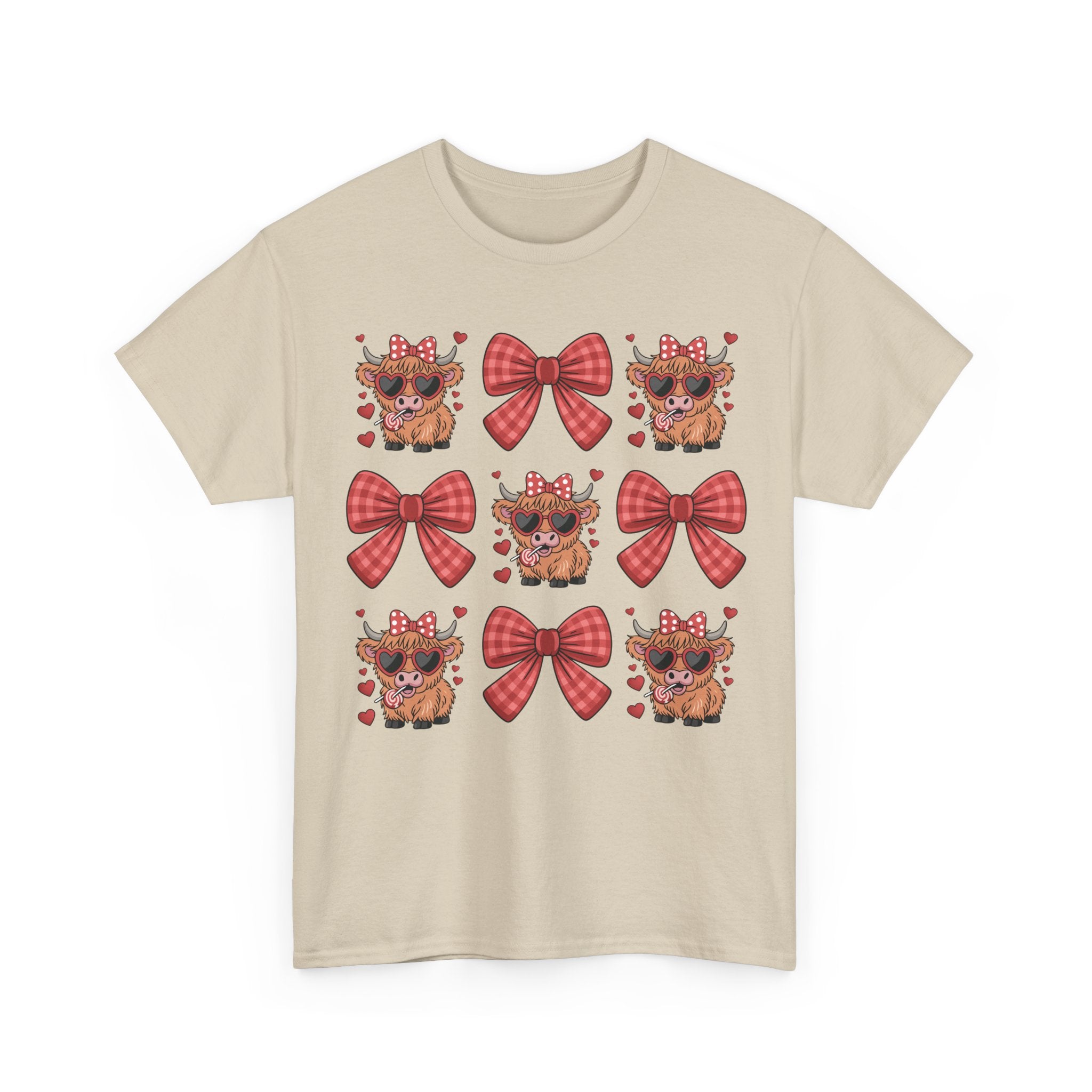 Valentine Cow Checkered Tee — Fluffy Cows with Heart Sunglasses & Red Bows..Unisex Cotton Tee