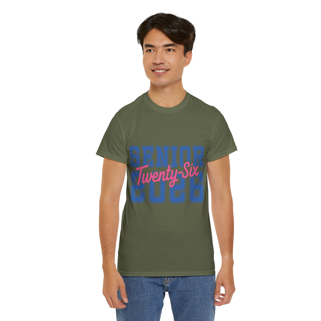 Senior 2026 Tee — Pink Varsity Block with Blue Script Overlay Unisex Cotton Tee
