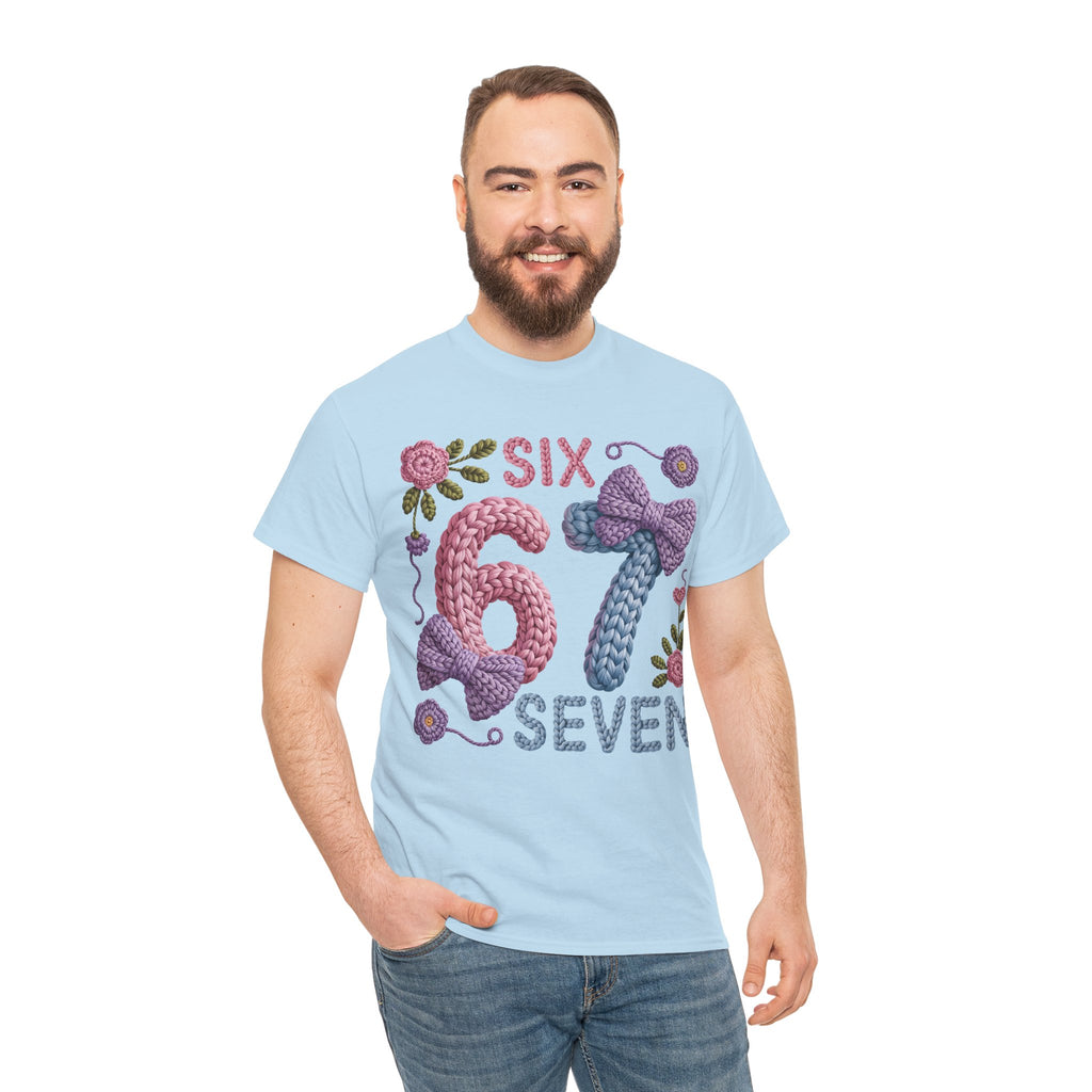 Pastel Crochet Numbers 6 & 7 Tee — Faux-Yarn Bows & Flowers. Unisex Cotton Tee