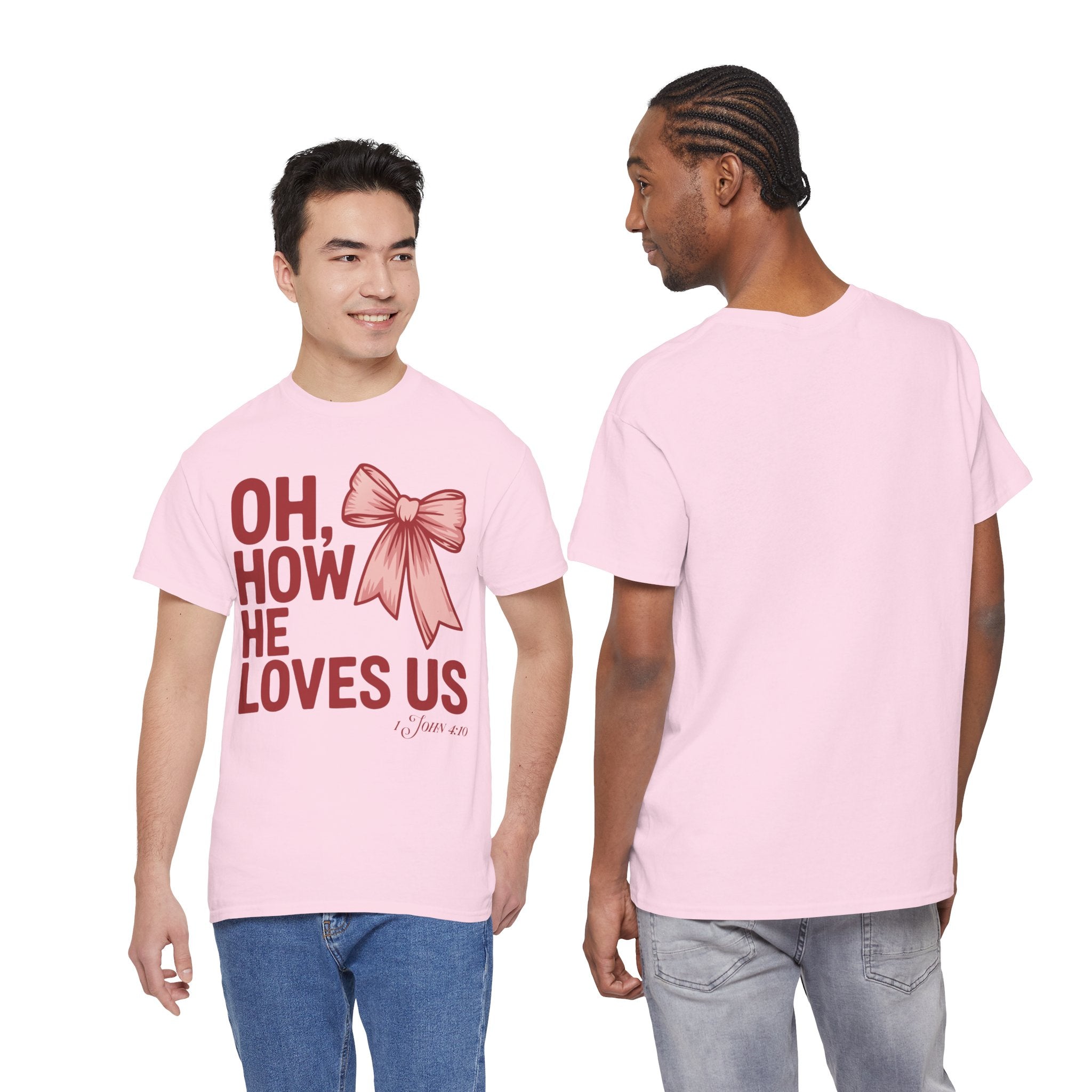 Oh, How He Loves Us Christian Valentine Tee — 1 John 4:10 Red & Pink Unisex Cotton Tee