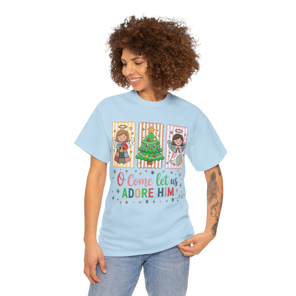 O Come Let Us Adore Him Christmas Tee — Smiling Angels & Happy Tree..Unisex Cotton Tee