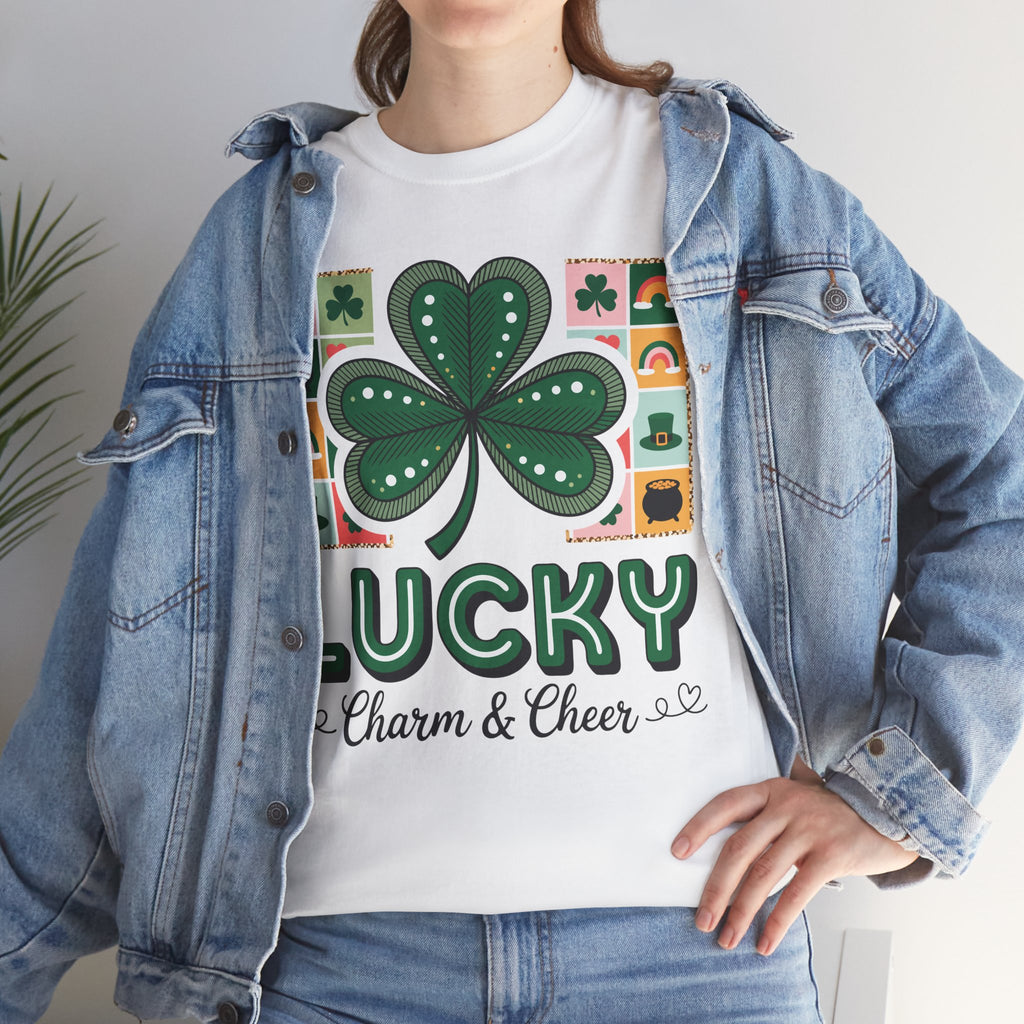 Lucky Charm & Cheer Clover Tee — Patchwork St. Patrick’s Day Unisex Cotton T-Shirt