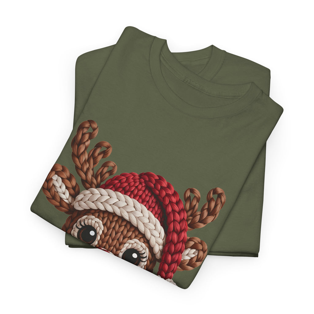 Reindeer in Santa Hat Cotton Tee — Joyful Faux-Yarn Holiday Unisex Coton T-Shirt