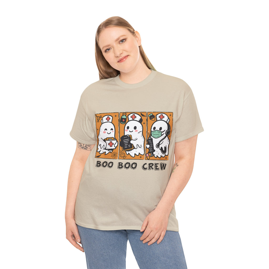 Halloween Nurse T-Shirt — Ghost Nurses Holding Medical Tools on Orange Unisec Cotton Tee