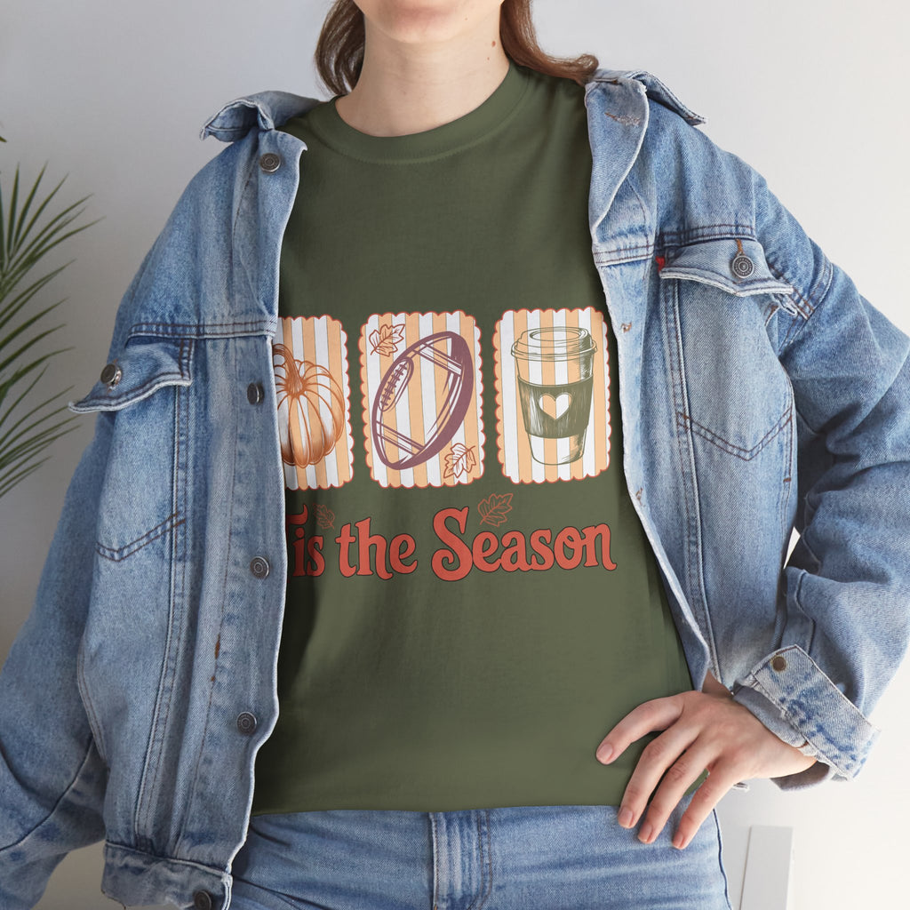 Tis the Season Pumpkin, Football & Coffee Fall Unisex Cotton T-Shirt