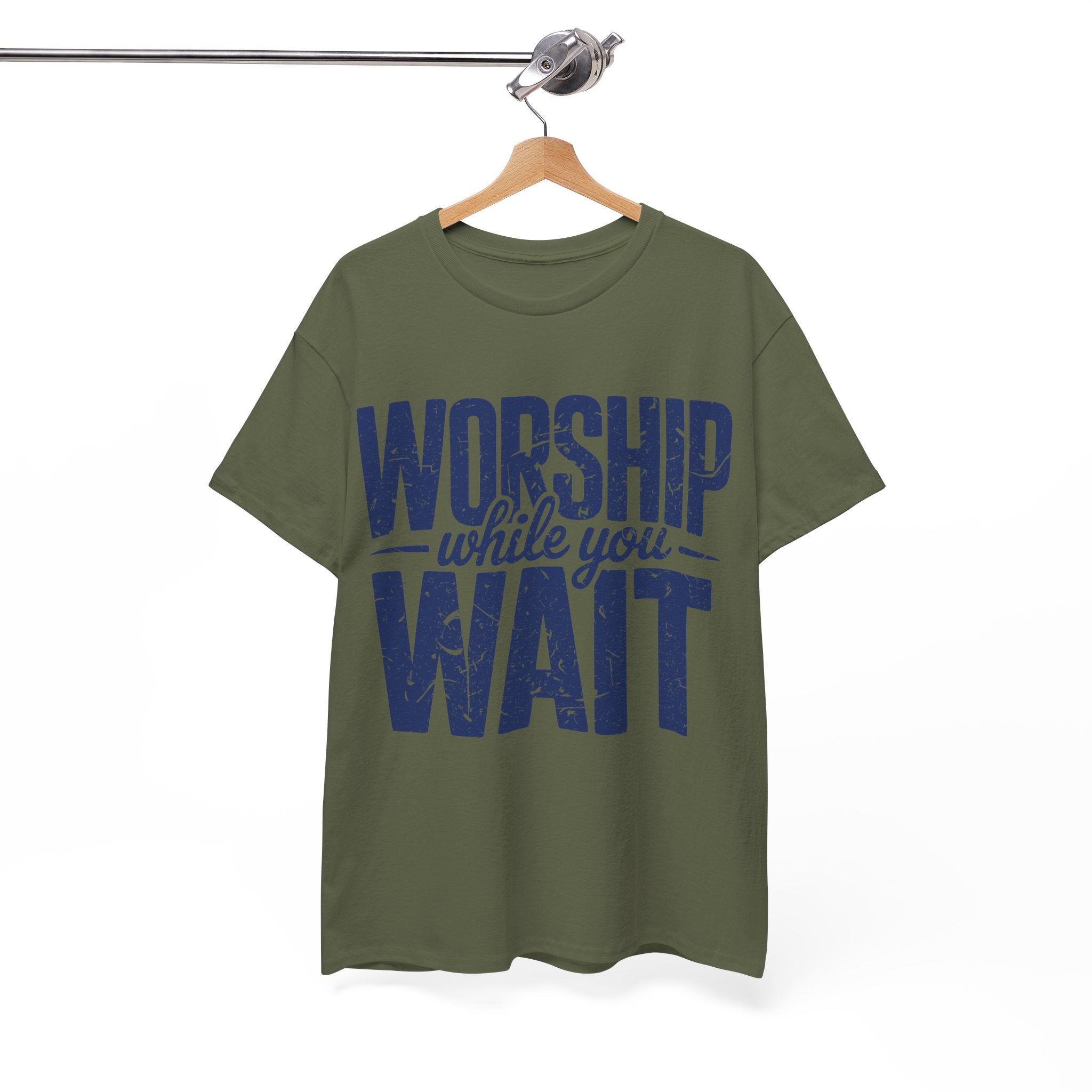 Worship While You Wait T‑Shirt — Distressed Pastel Blue Faith Unisex Cotton Tee