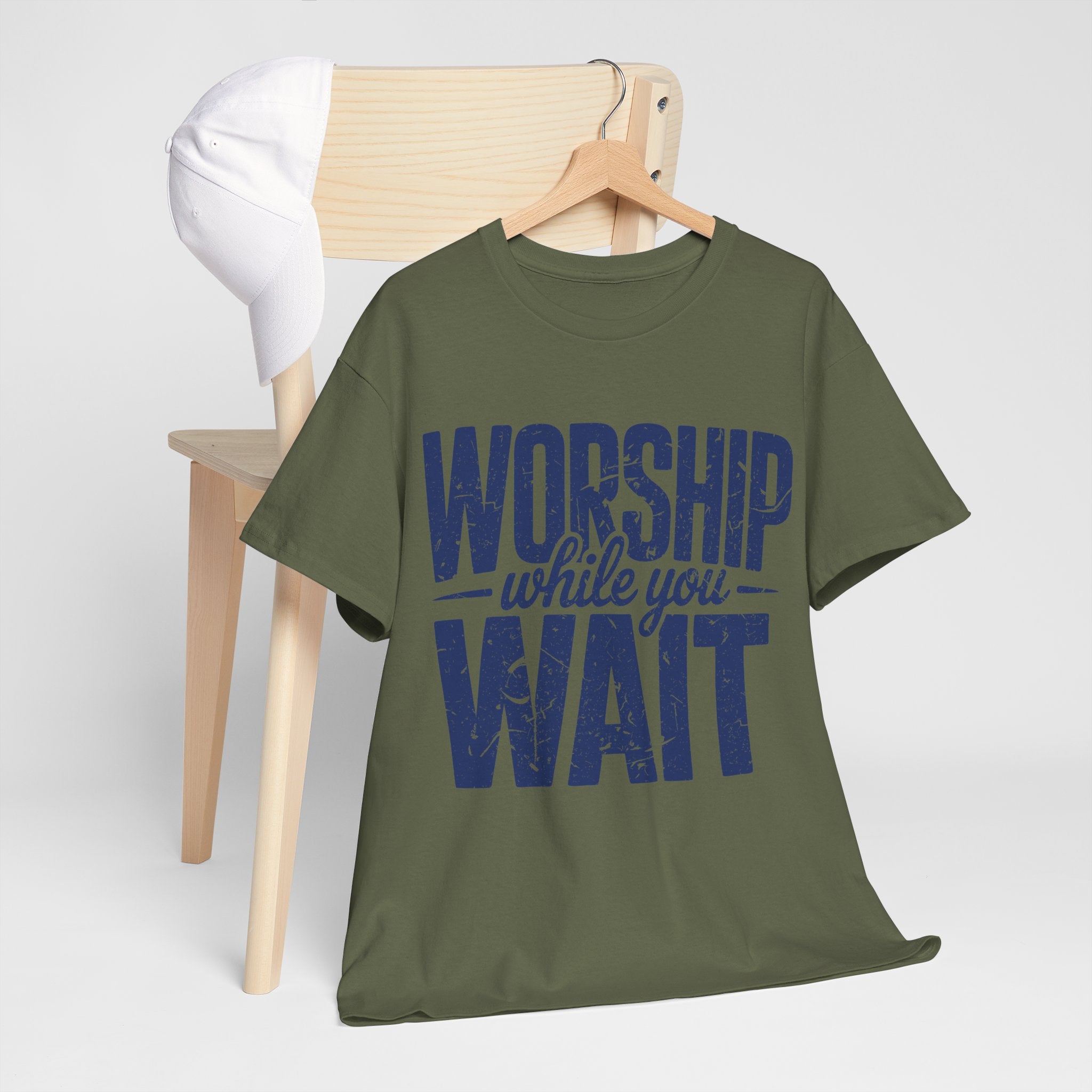 Worship While You Wait T‑Shirt — Distressed Pastel Blue Faith Unisex Cotton Tee