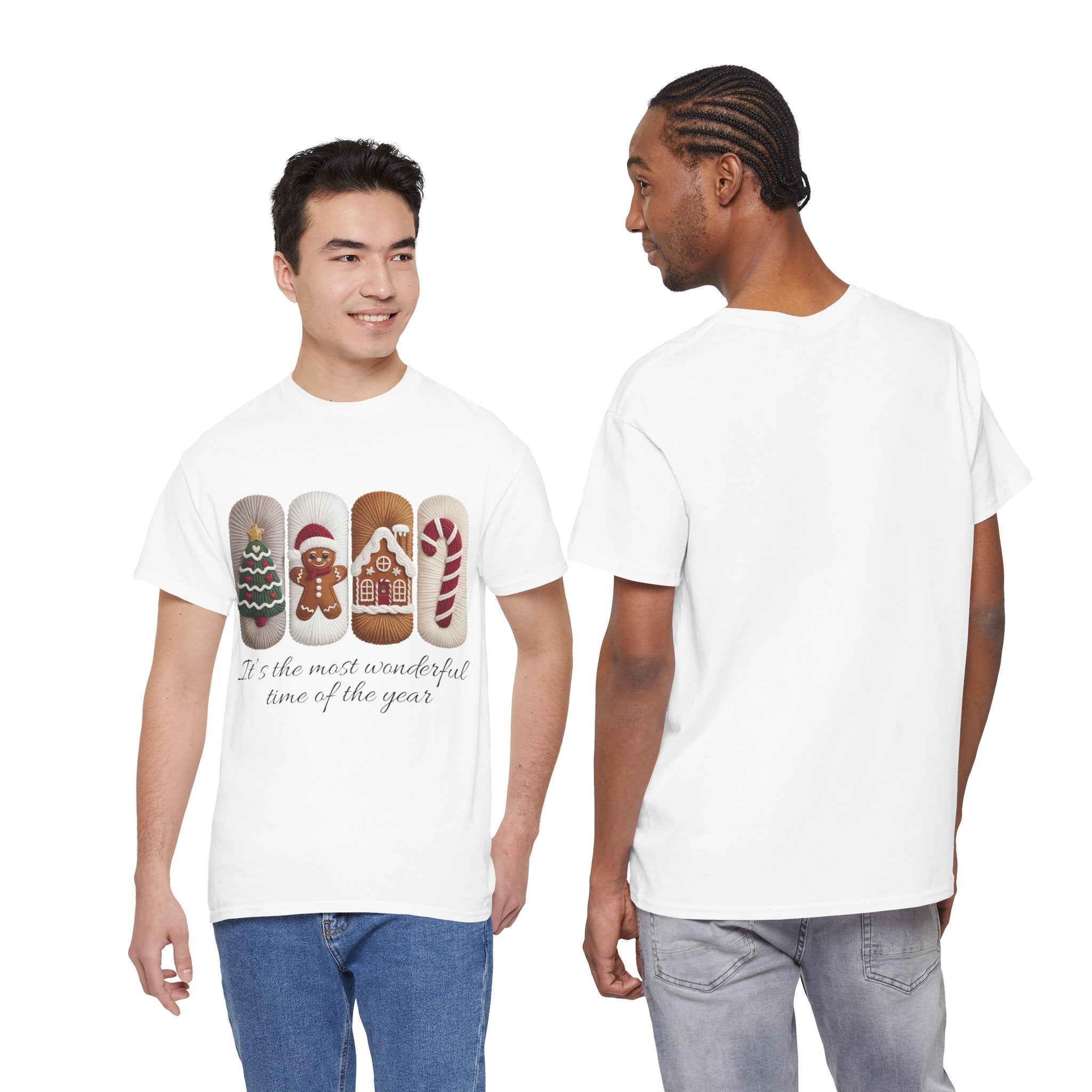 Christmas Faux-Yarn Tree Tee — Gingerbread House & Candy Cane Holiday Unisex Cotton T-Shirt