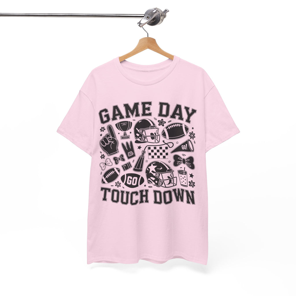 Game Day Touch Down Football T‑Shirt — Helmet & Cheer Monochrome Design Unisex Cotton Tee