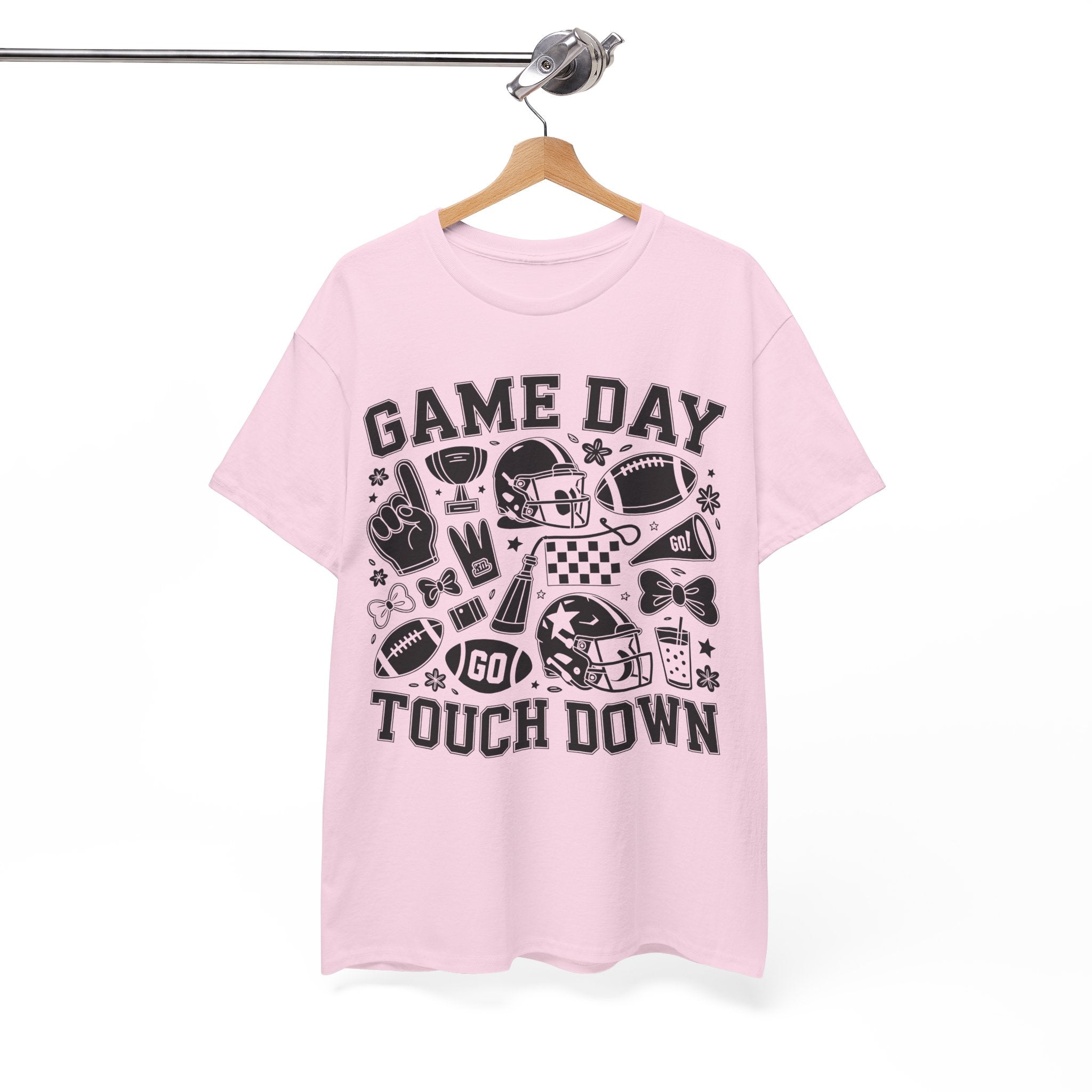 Game Day Touch Down Football T‑Shirt — Helmet & Cheer Monochrome Design Unisex Cotton Tee