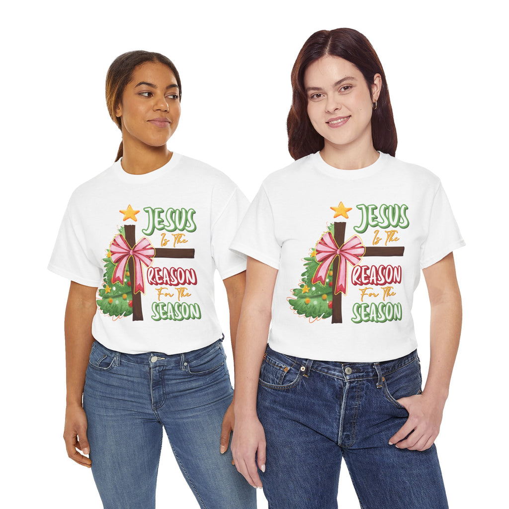 Jesus Is the Reason for the Season Christmas Tee — Cross with Pink Bow & Tree. Unisex Cotton Tee
