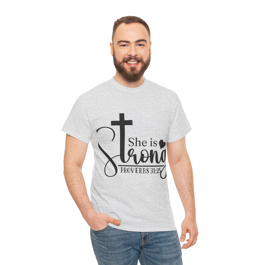 Proverbs 31:25 'She is Strong' T-Shirt – Christian Cross & Heart Unisex Cotton Tee