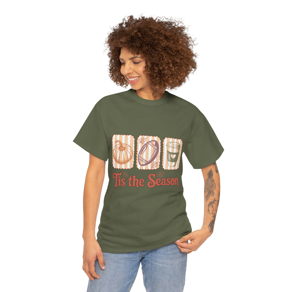 Tis the Season Pumpkin, Football & Coffee Fall Unisex Cotton T-Shirt