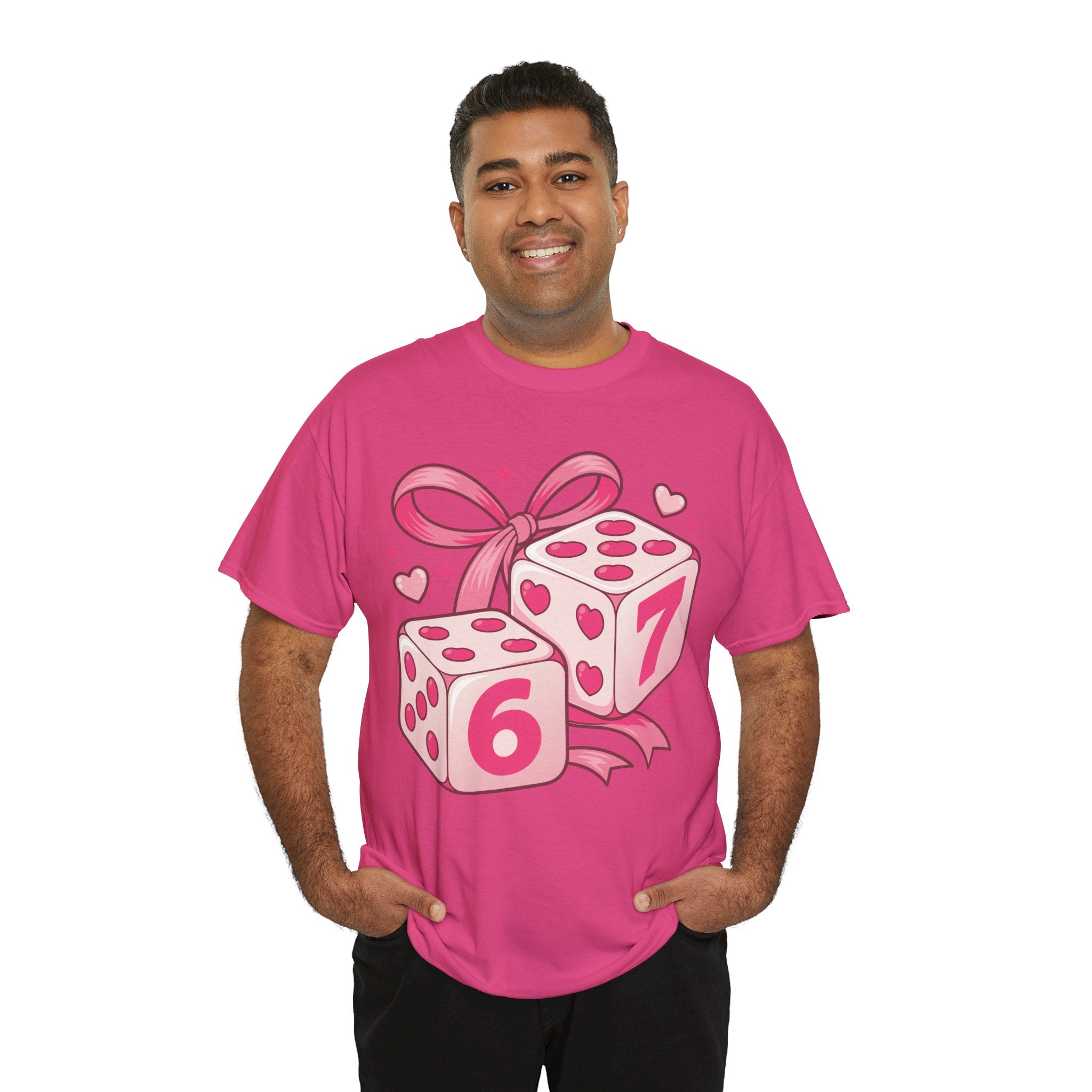 Lucky Love Dice T-Shirt — Pink Heart Dice with Bow..Unisex Cotton Tee
