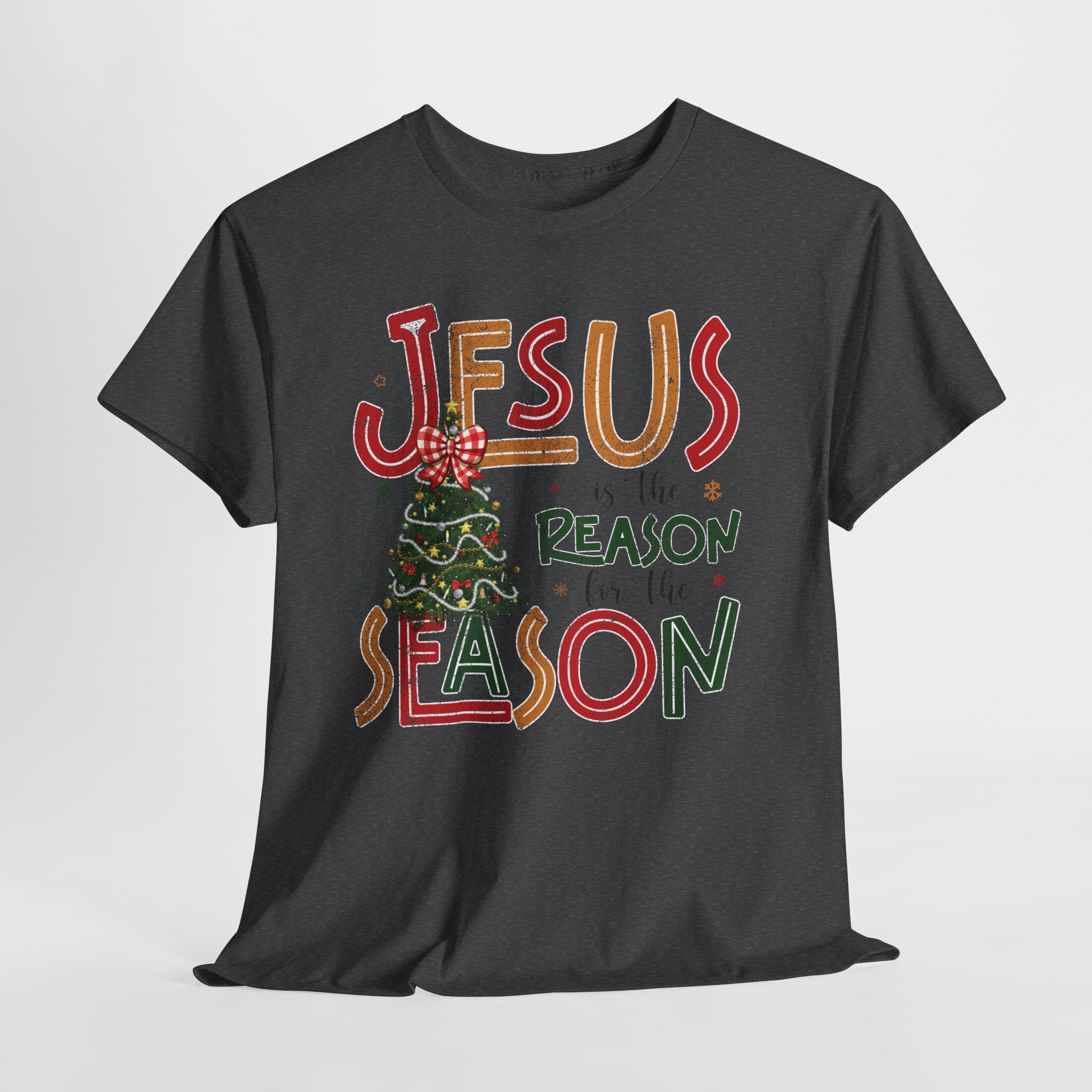 Jesus Is the Reason for the Season Christmas T-Shirt — Plaid Bow Tree..Unisex Cotton Tee