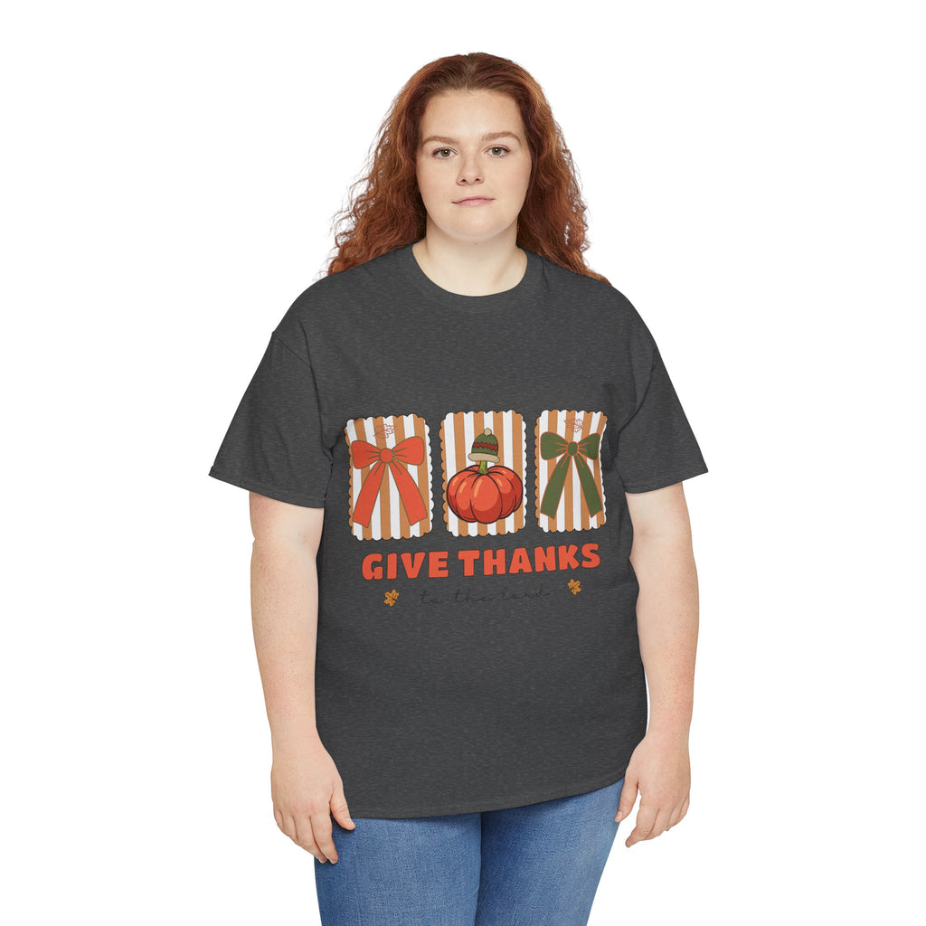 Give Thanks Thanksgiving T-Shirt — Pumpkin with Hat & Bows Unisex Cotton Tee