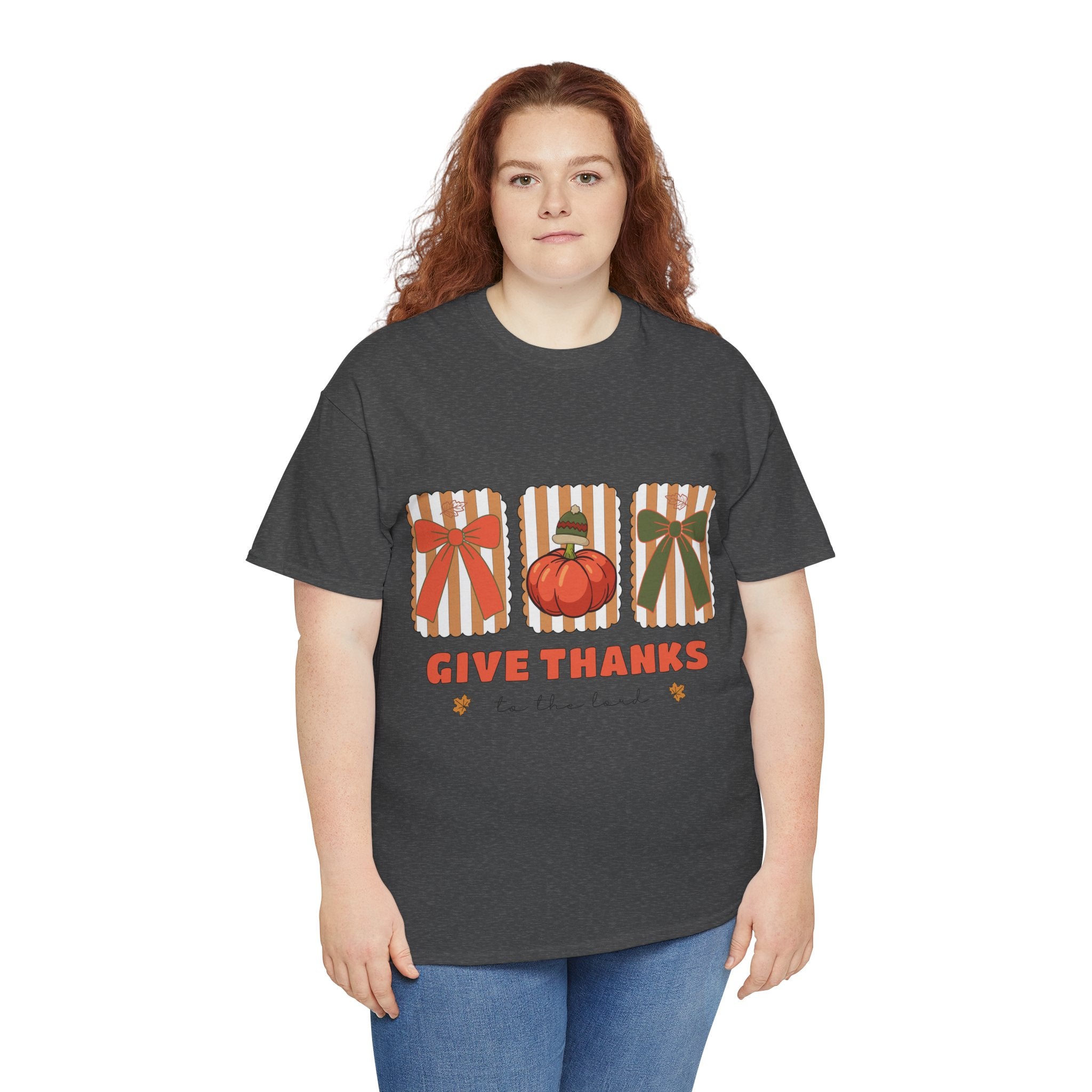 Give Thanks Thanksgiving T-Shirt — Pumpkin with Hat & Bows Unisex Cotton Tee