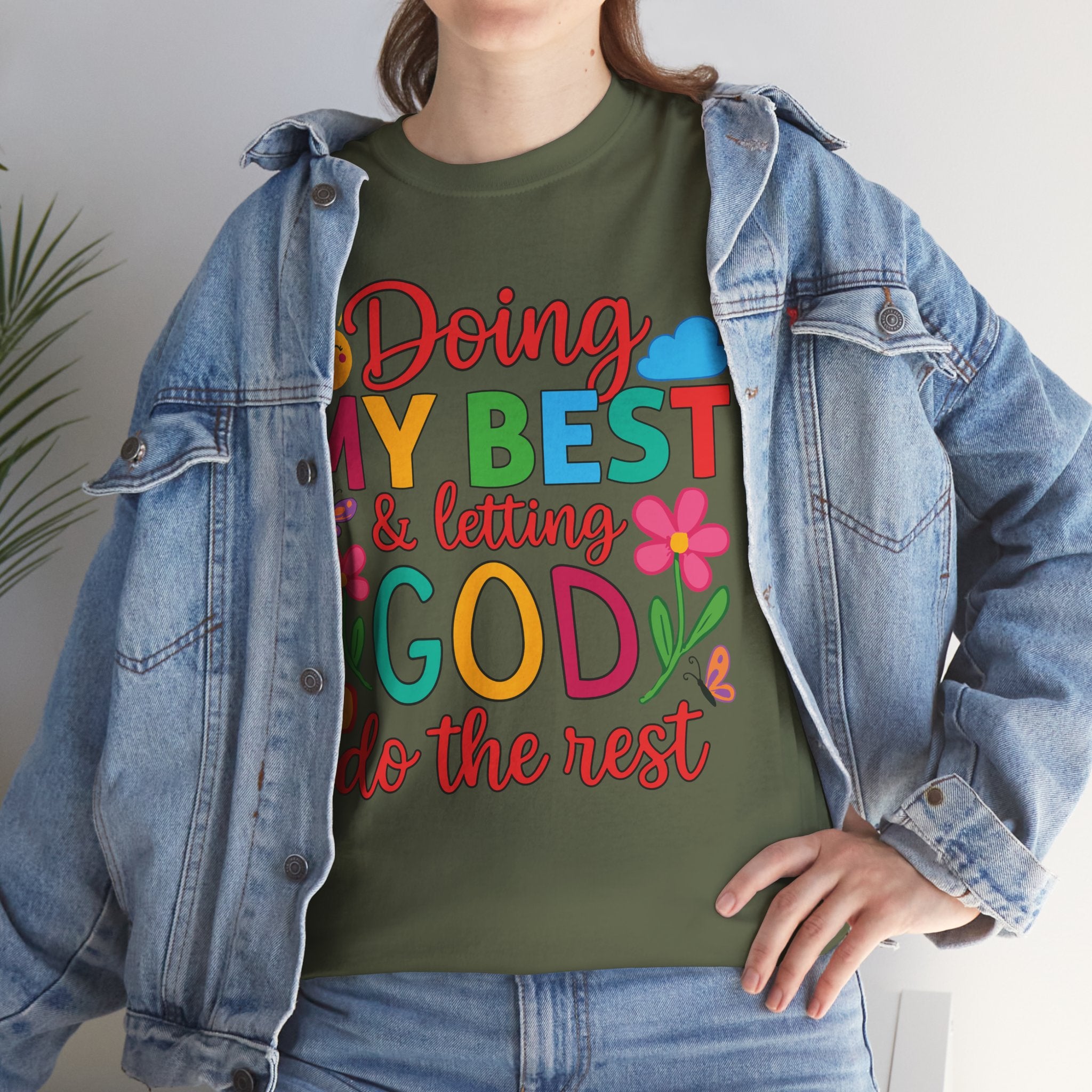 Doing My Best & Letting God Do The Rest T-Shirt — Floral Sun & Butterflies Inspirational Unisex Cotton Tee