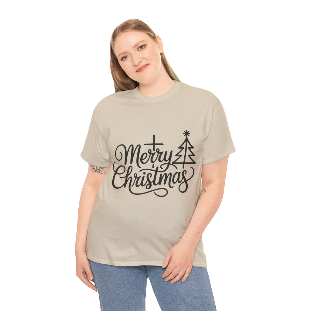 Merry Christmas Script T-Shirt with Cross & Tree(Unisex Cotton Tee)