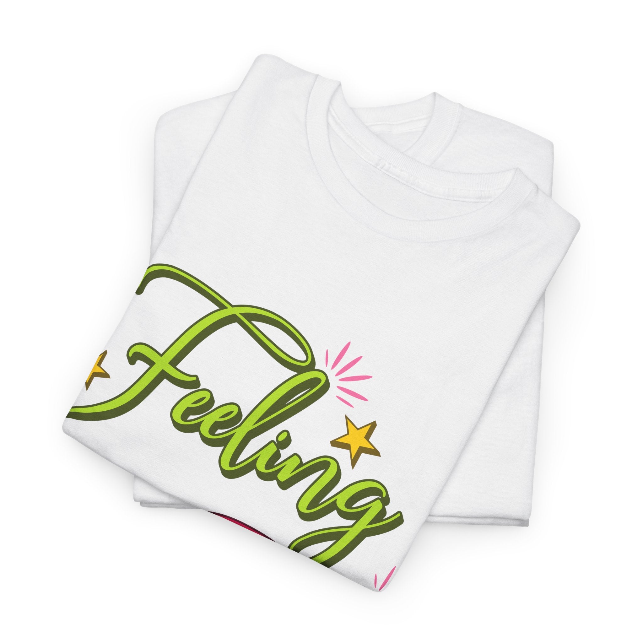Feeling Jolly Tee — Festive Green & Pink Script with Yellow Stars Unisex Cotton Tee