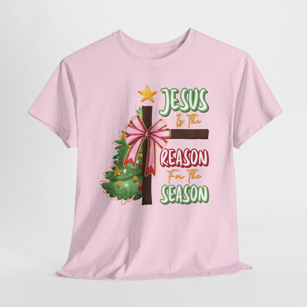 Jesus Is the Reason for the Season Christmas Tee — Cross with Pink Bow & Tree. Unisex Cotton Tee