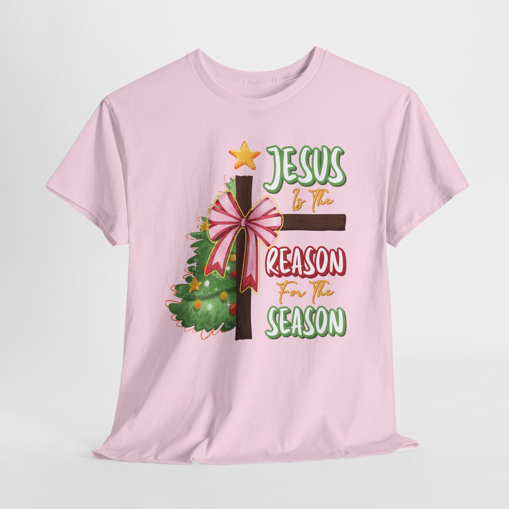 Jesus Is the Reason for the Season Christmas Tee — Cross with Pink Bow & Tree. Unisex Cotton Tee