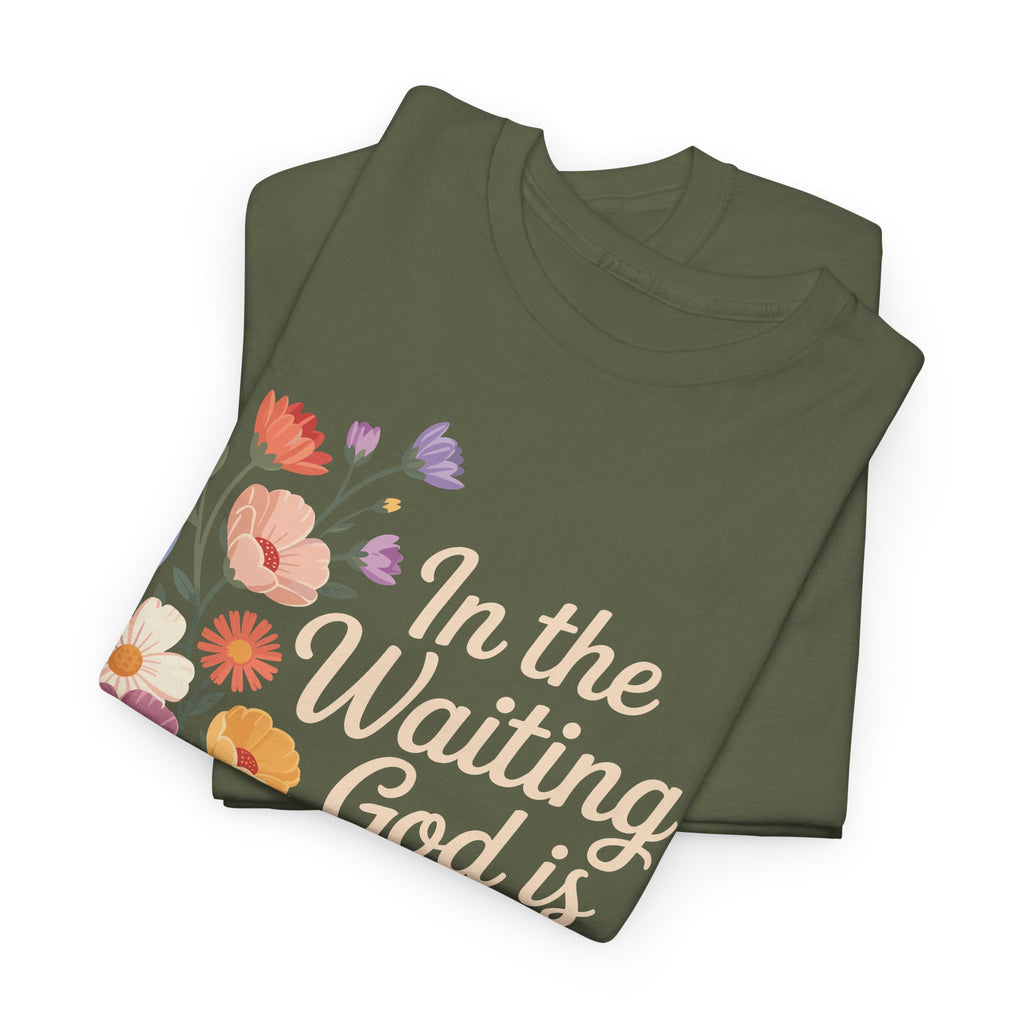 Pastel Floral “In the Waiting God Is Working” Unisex Cotton T-Shirt
