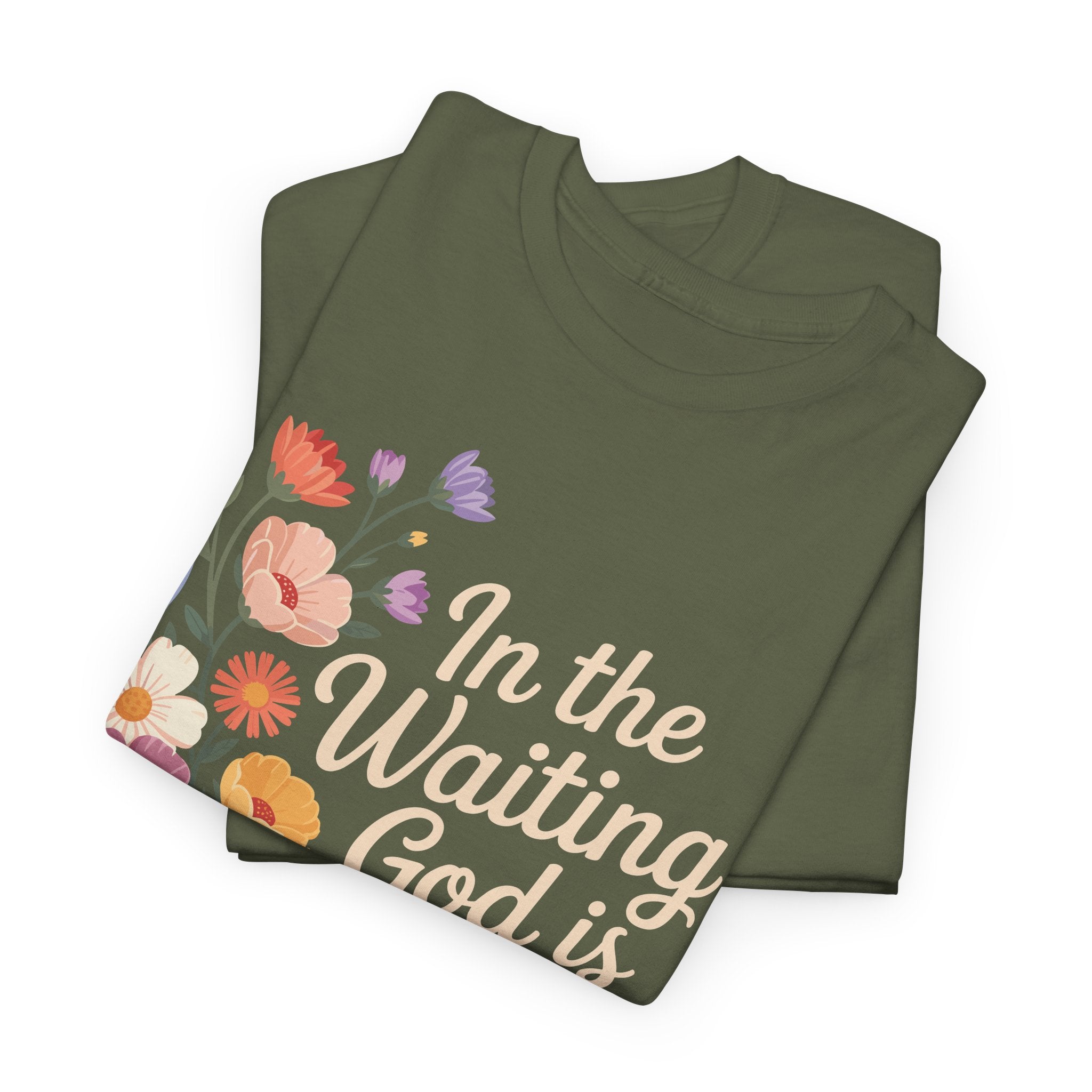 Pastel Floral “In the Waiting God Is Working” Unisex Cotton T-Shirt
