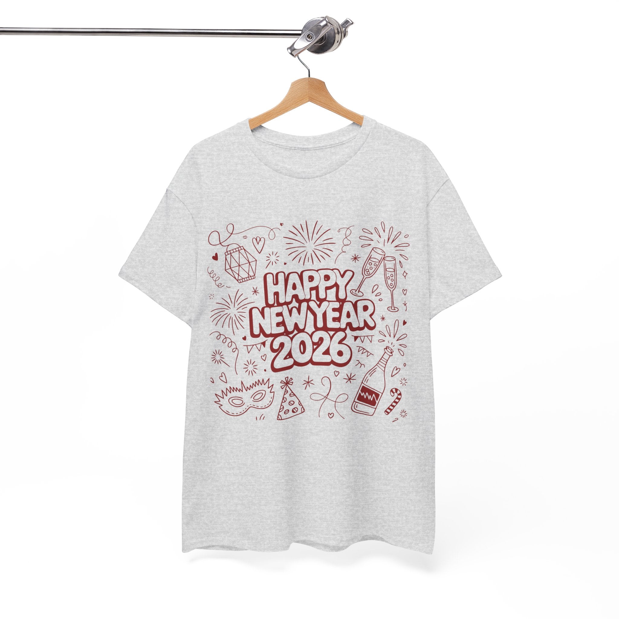 Happy New Year 2026 Doodle T-Shirt — Pink Party Icons & Champagne Unisex Cotton Tee