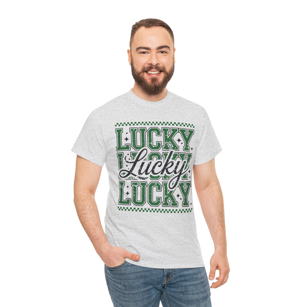 Lucky Varsity Tee — Layered Green ‘Lucky’ Graphic Unisex Cotton Tee