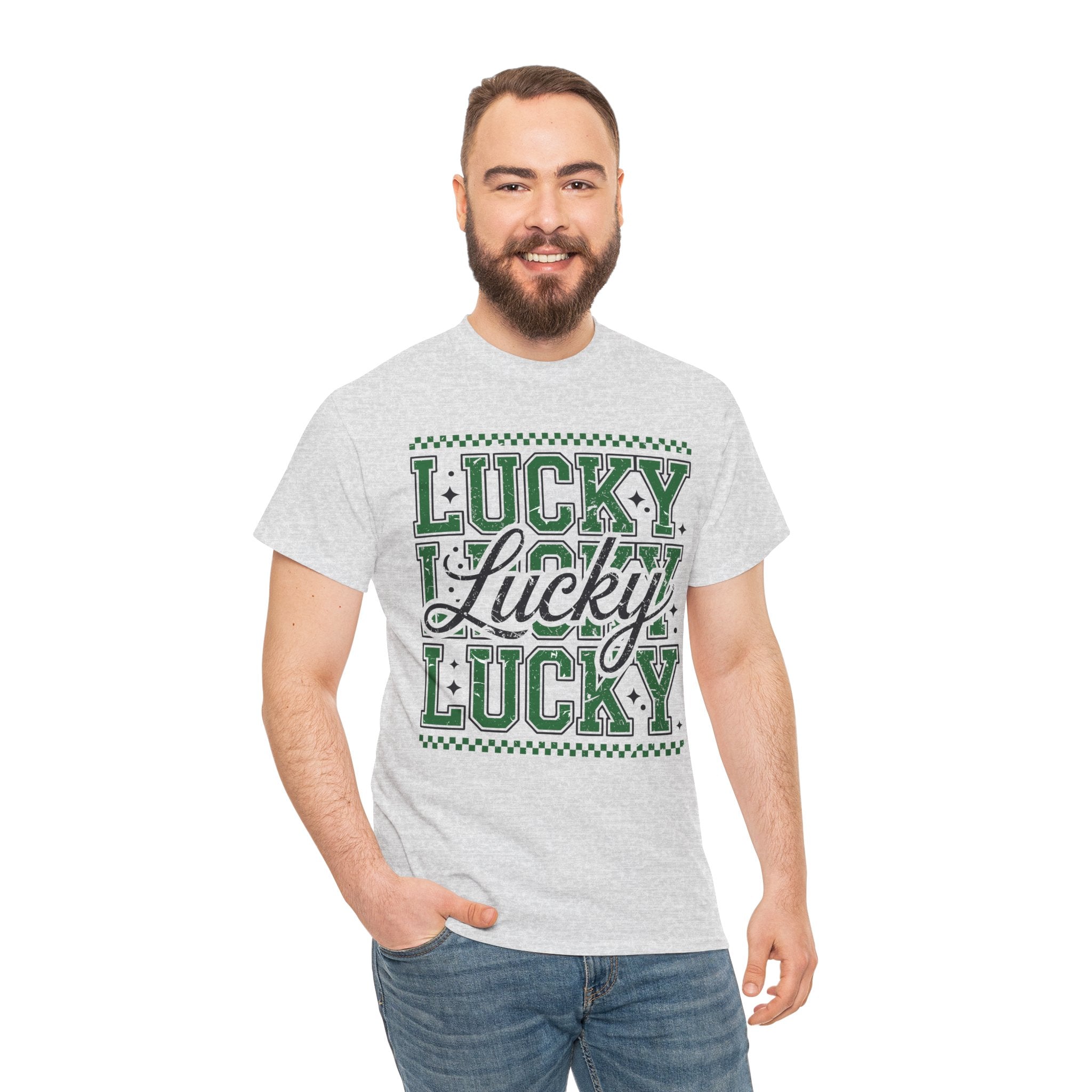 Lucky Varsity Tee — Layered Green ‘Lucky’ Graphic Unisex Cotton Tee