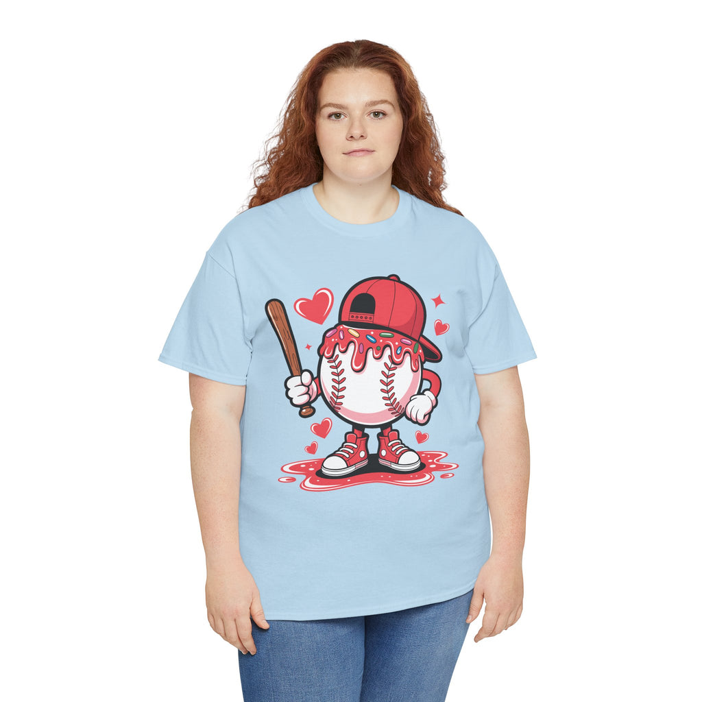 Cute Baseball Character T-Shirt — Red Cap & Icing Top Graphic with Hearts Unisex Cotton Tee