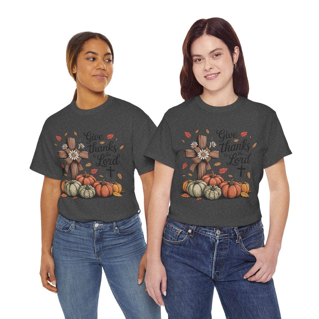 Give Thanks to the Lord Autumn Tee — Wooden Cross, Pumpkins & Daisies..Unisex Cotton Tee
