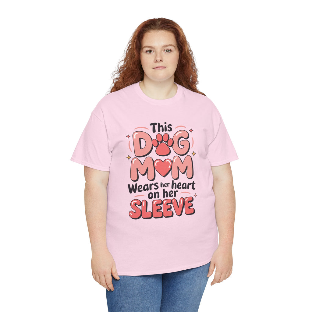 Dog Mom T-Shirt — "This Dog Mom Wears Her Heart on Her Sleeve" Paw & Heart Unisex Cotton Tee
