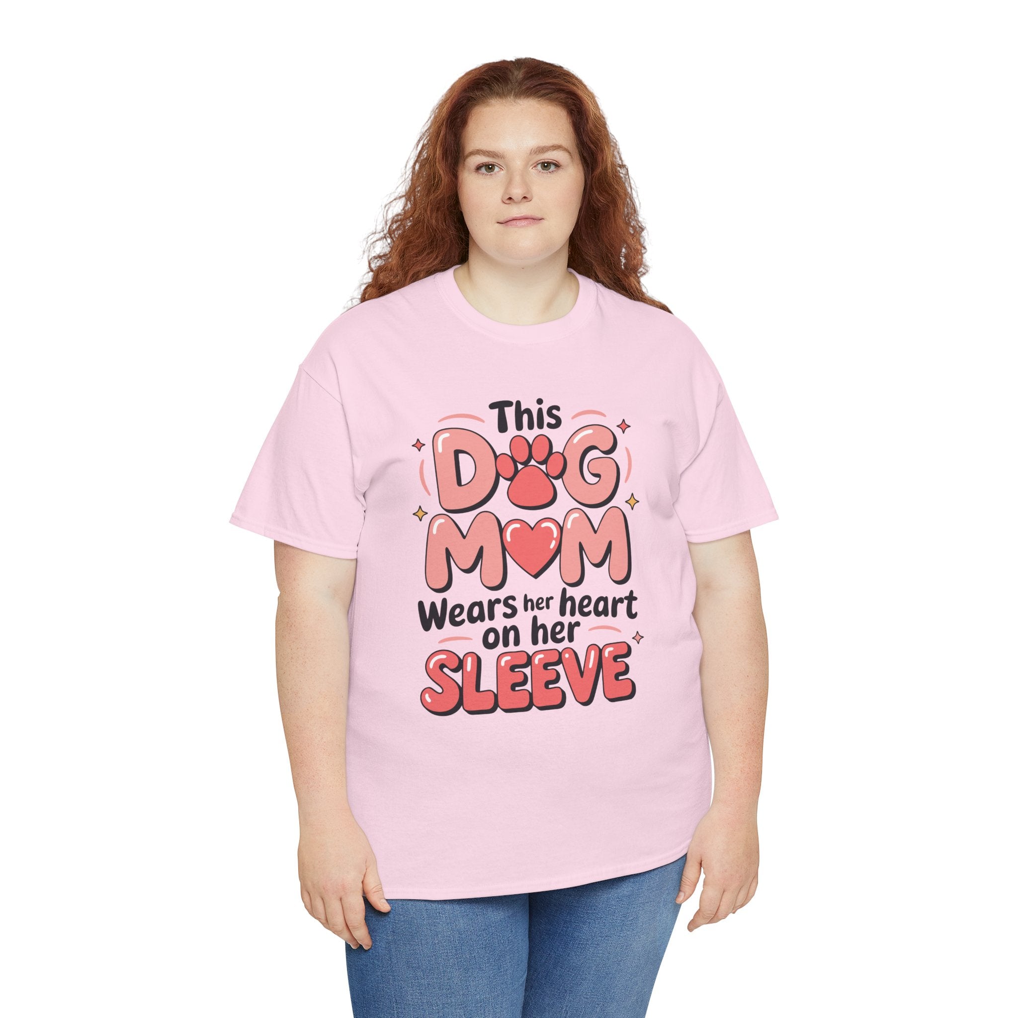 Dog Mom T-Shirt — "This Dog Mom Wears Her Heart on Her Sleeve" Paw & Heart Unisex Cotton Tee