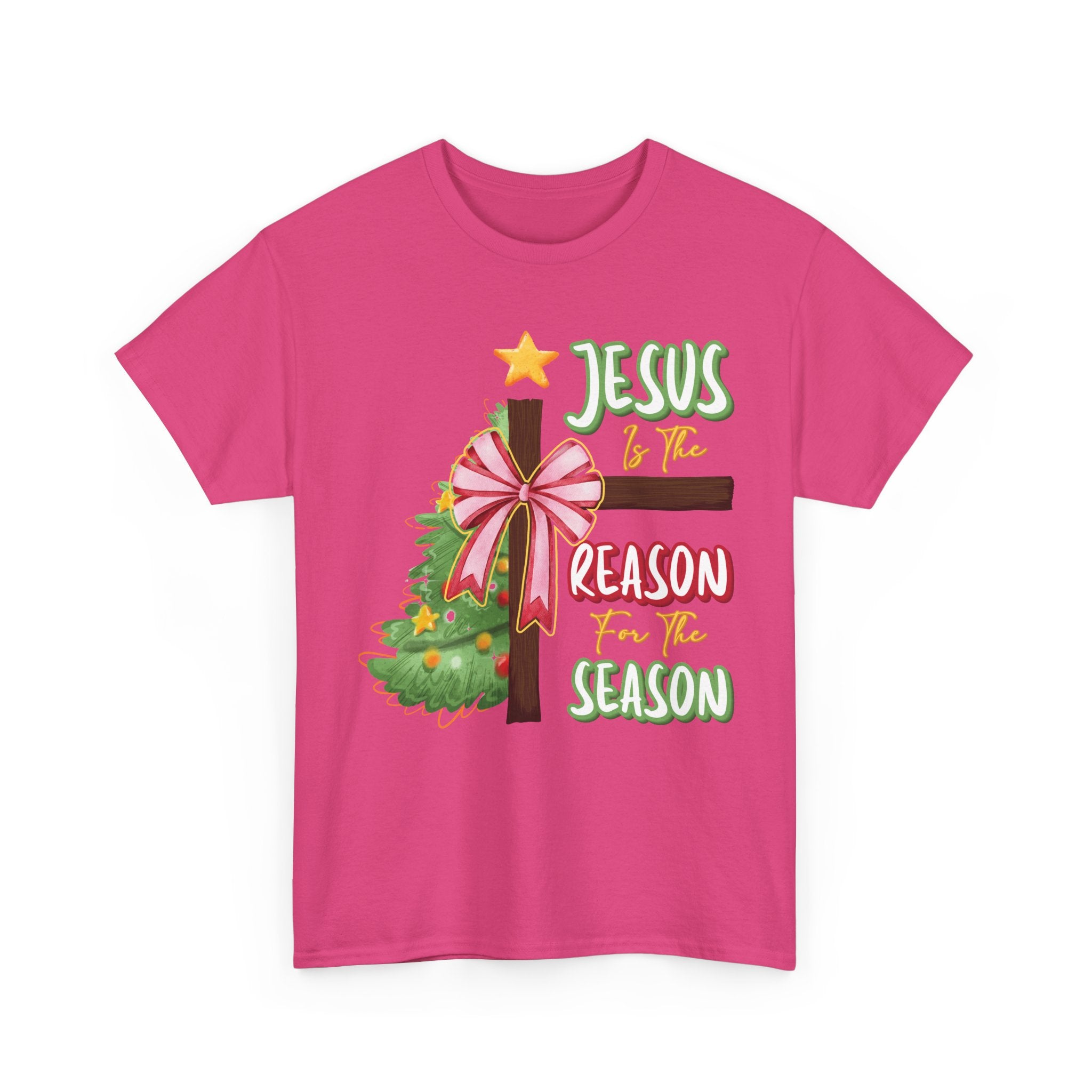 Jesus Is the Reason for the Season Christmas Tee — Cross with Pink Bow & Tree. Unisex Cotton Tee