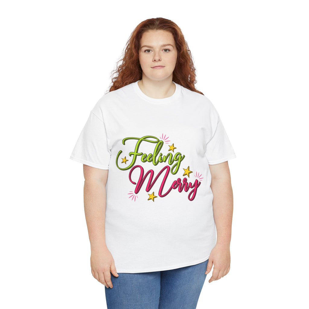 Feeling Merry T-Shirt — Bright Green & Pink Holiday Tee with Stars.Unisex Cotton Tee