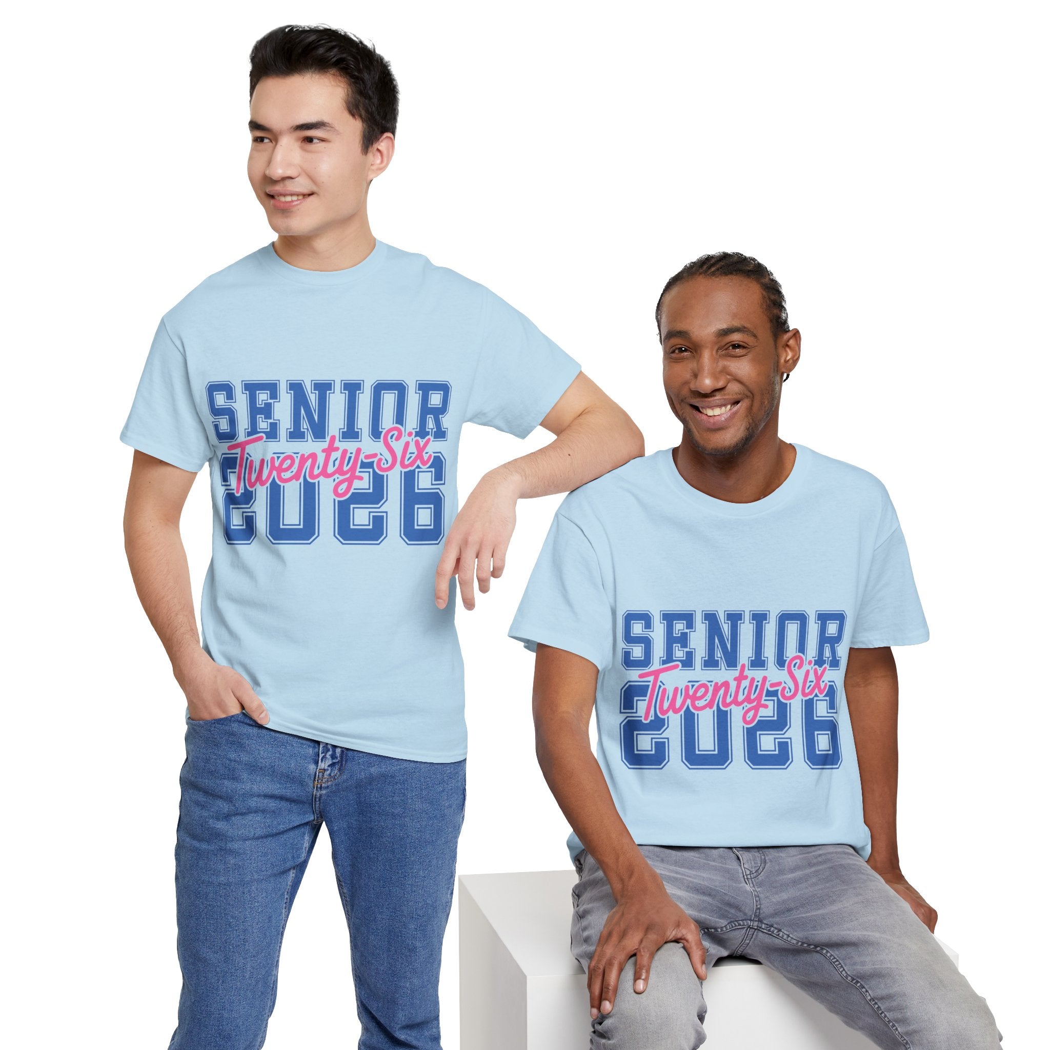 Senior 2026 Tee — Pink Varsity Block with Blue Script Overlay Unisex Cotton Tee