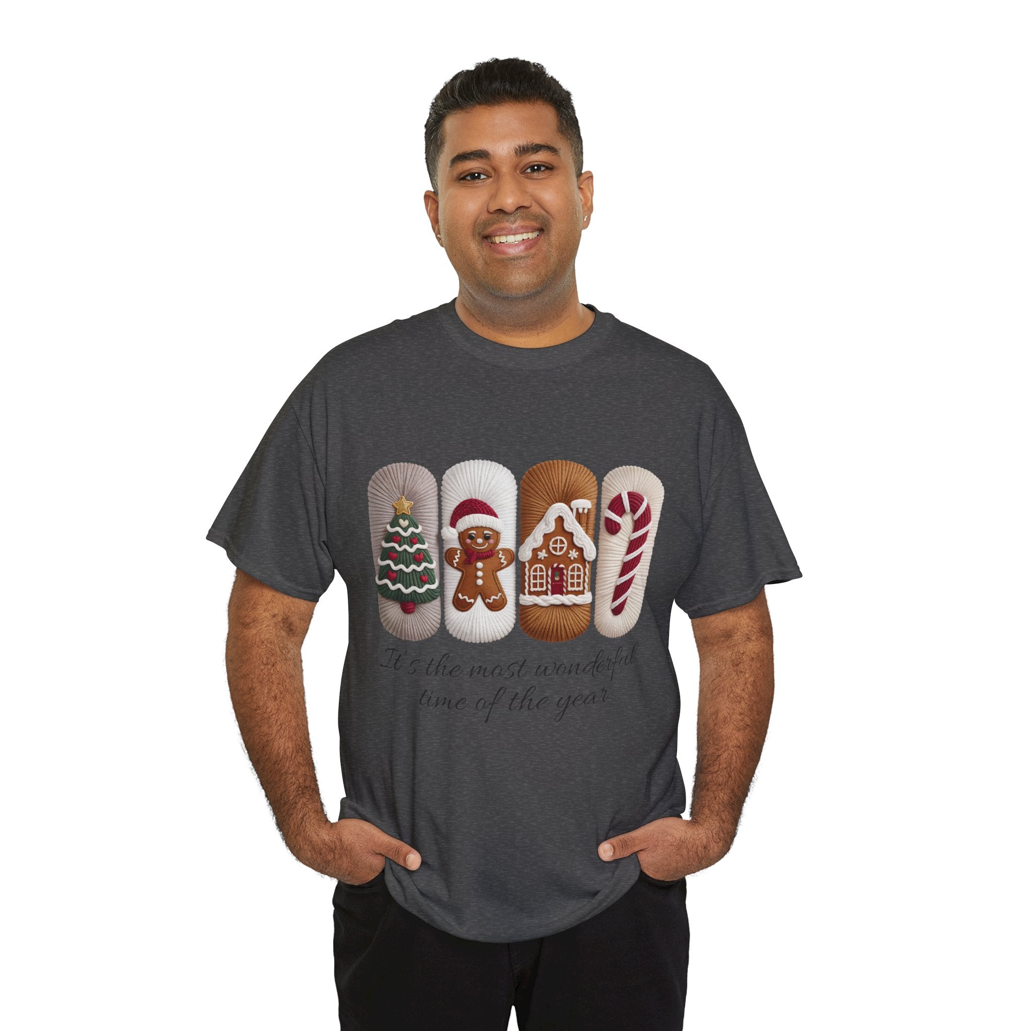 Christmas Faux-Yarn Tree Tee — Gingerbread House & Candy Cane Holiday Unisex Cotton T-Shirt